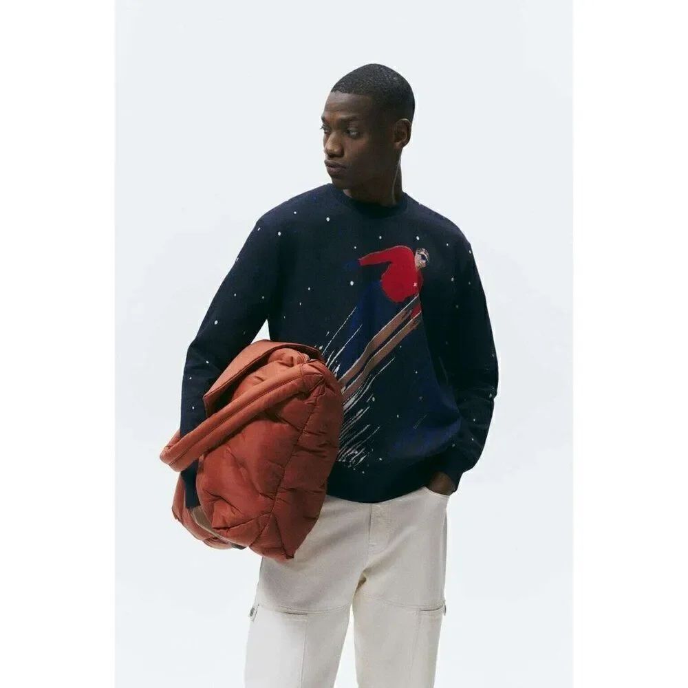 Zara Mens Ski Sweater XL Knit Navy Blue Polka Dot Streetwear 4087/401 NWT